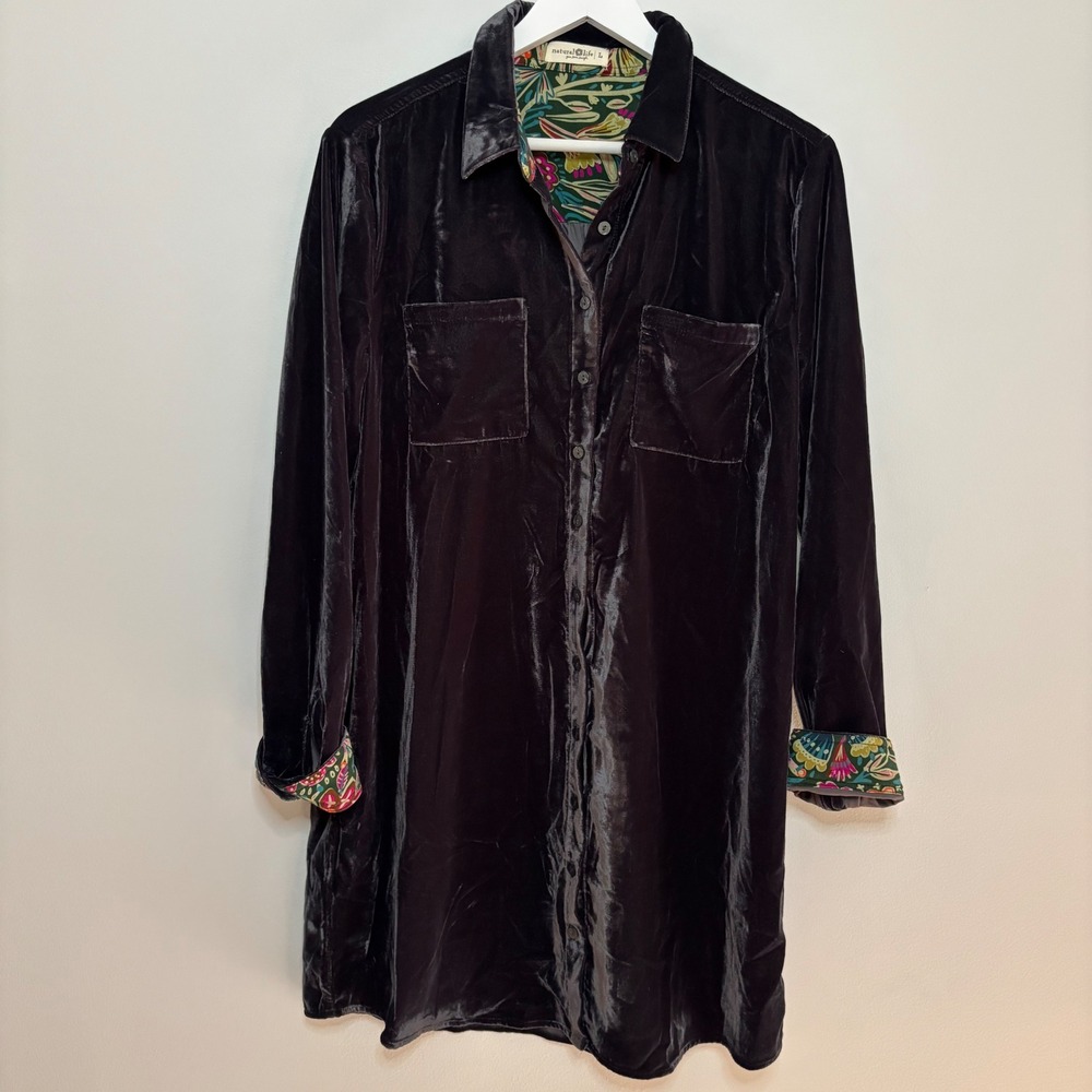 Natural Life Velvet Shirt Dress Womens L Navy Blue Floral Cuff Button Up Boho - Picture 2 of 10